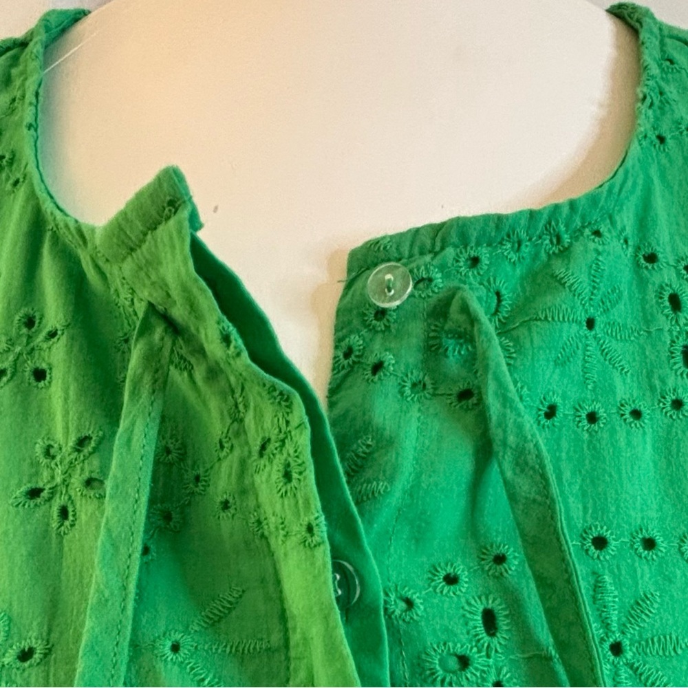 Kirundo Blouse Top Green Eyelet Bow long-sleeve textured, buttons tie-neck large - Picture 7 of 9